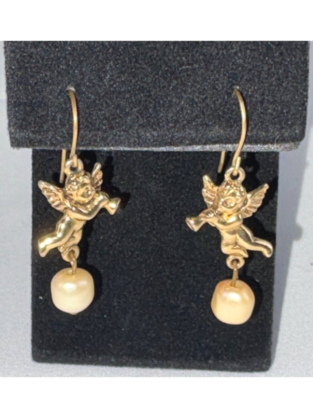Vintage Style Gold Tone Cherub Angel Drop Earrings • Coquette Pearl Dangle Roman
